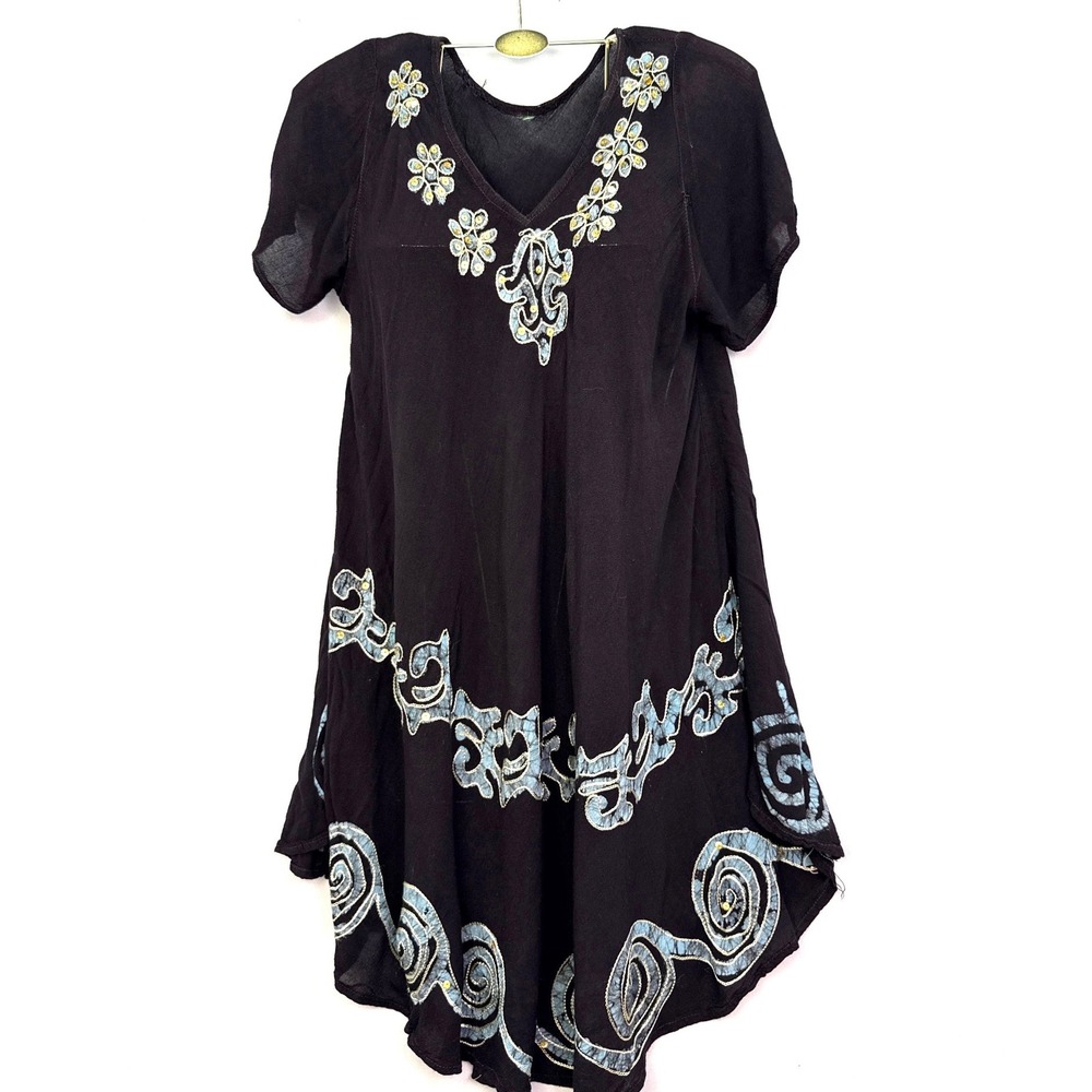Boho Batik Embroidered Sequin Tunic Dress Black Blue Handkerchief‎ Hem V-Neck